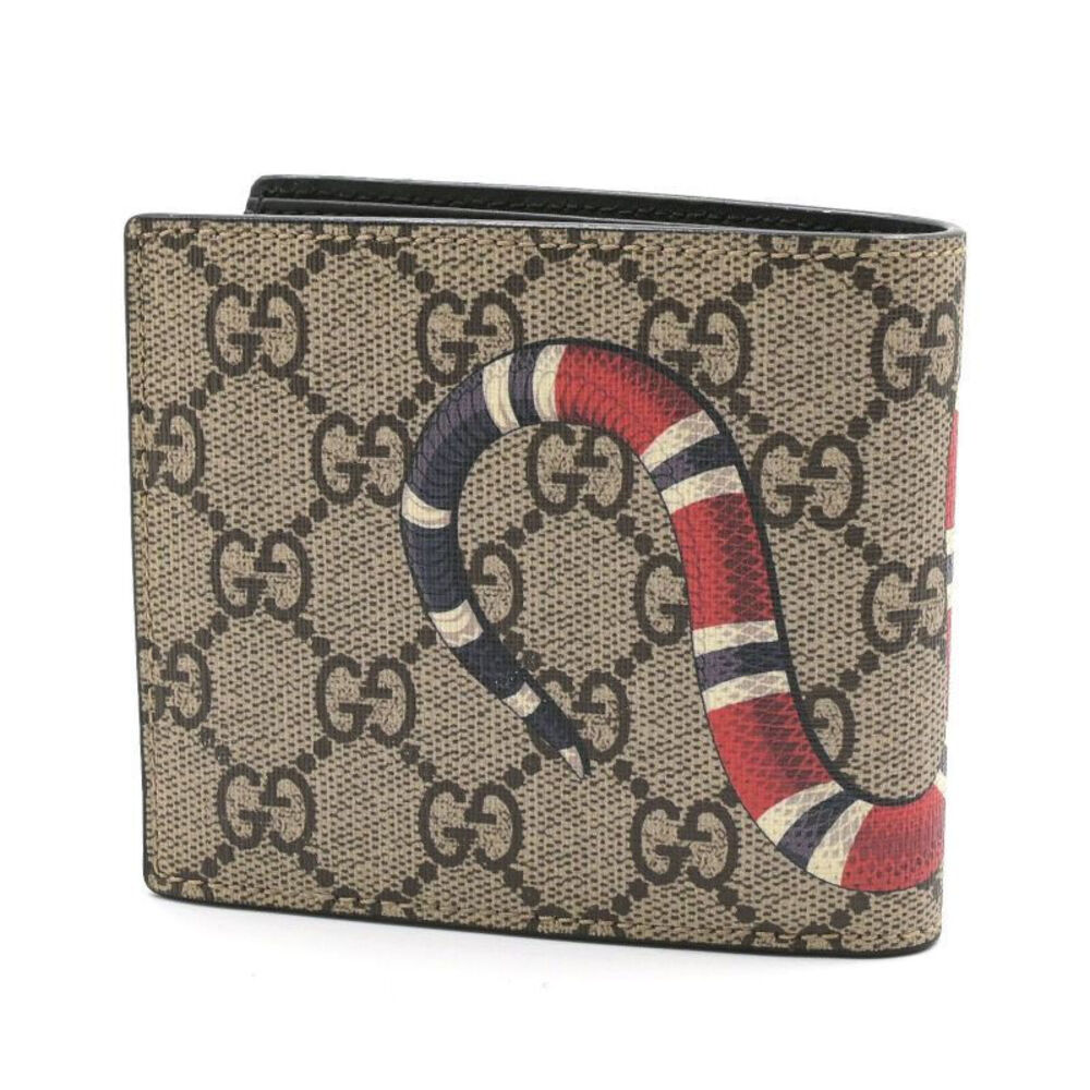 Gucci King Wallet Bifold Beige Tan Snake Coin GG Supreme Ebony